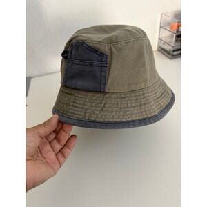Vintage Olive Green Cotton Cargo Pocket Bucket Hat Navy Trim One Size OSFM